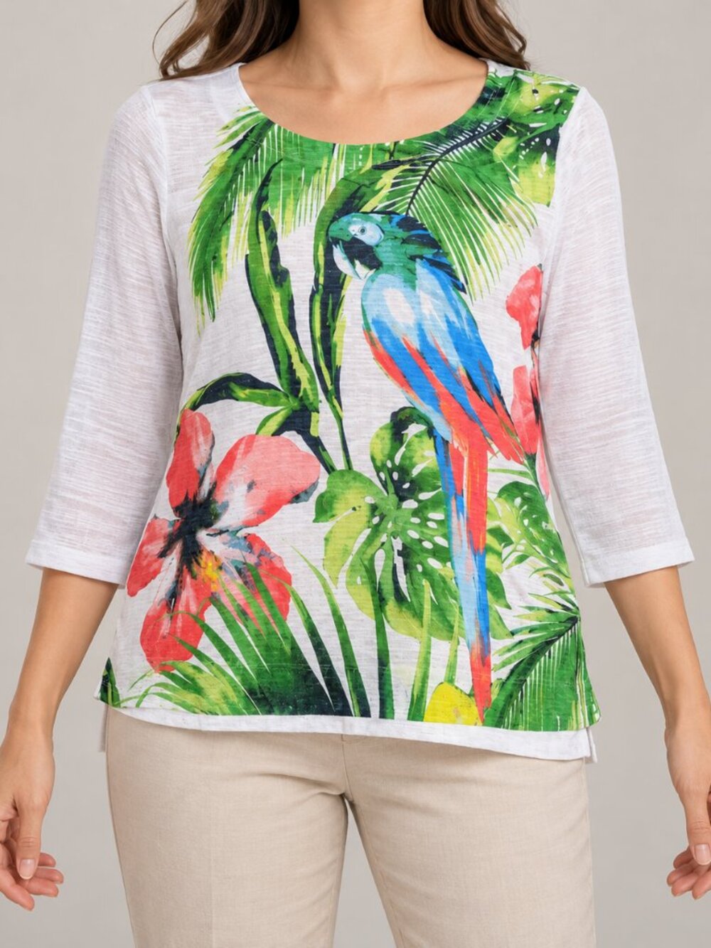 Onque Casual Cotton Blend Tropical Parrot Print Top Petite Medium NWT